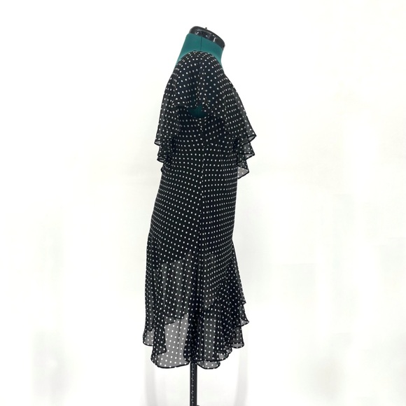 Chaps Black with White Polka Dots Asymmetrical Ruffled Lined Flutter Dress, 8 - Picture 9 of 17
